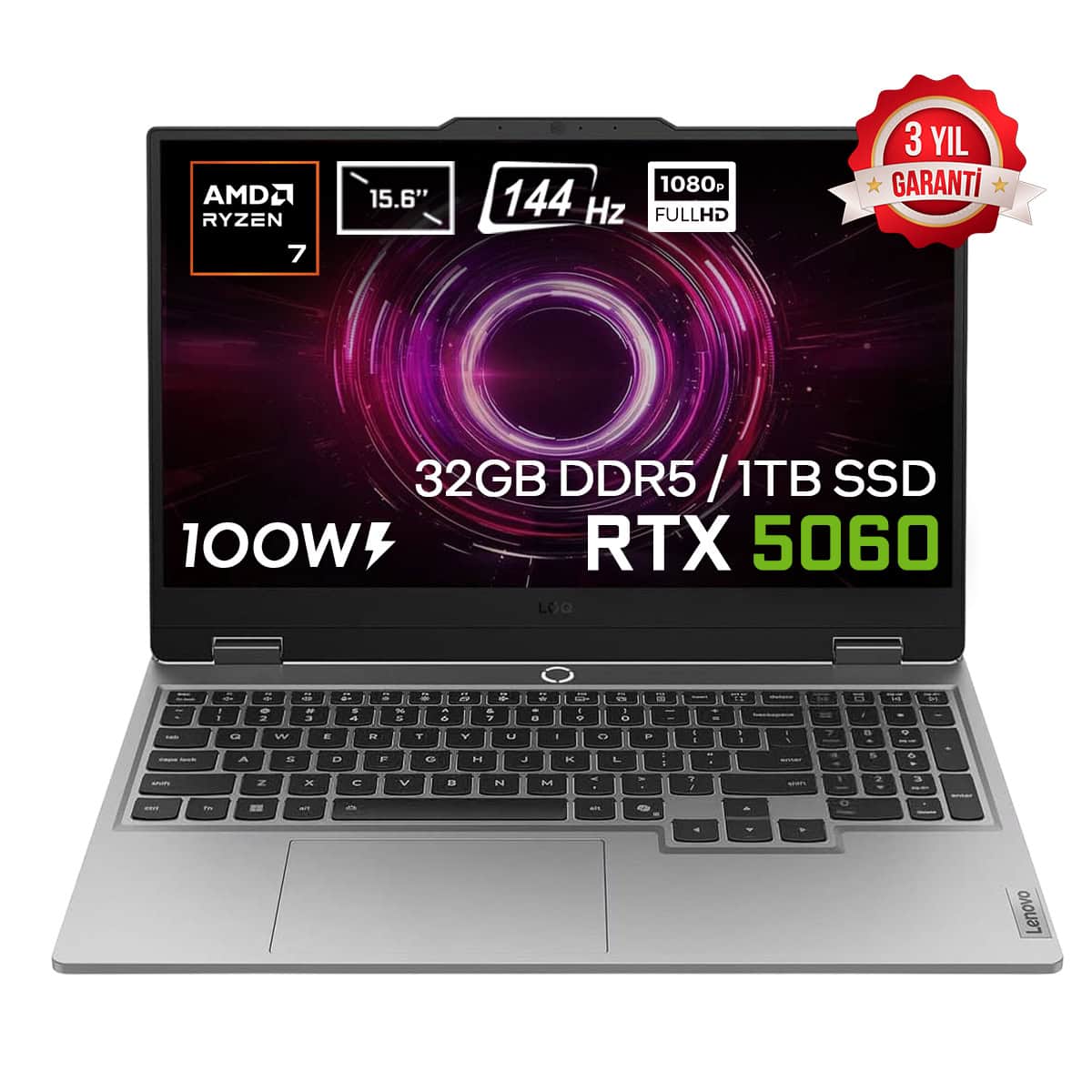 Görüntü: Güçlü oyun laptopu, 15.6 inç ekran, AMD Ryzen 7 işlemci, RTX 5060 grafik kartı, 32GB DDR5 RAM, 1TB SSD, 1080p Full HD ekran ve 144Hz yenileme hızı ile yüksek kaliteli oyun deneyimi.