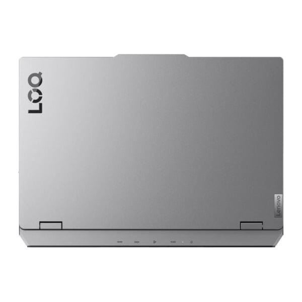 Gümüş renkli Lenovo dizüstü bilgisayar, kapak üzerinde "LOGO" yazısıyla şık tasarım. Yüksek performans ve şıklık arayanlar için ideal, jonglör ve oyun tutkunlarına uygun, modern teknoloji ürünü.