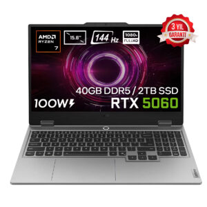 AMD Ryzen 7, 15.6 inç, 144Hz, 1080P, RTX 5060, 40GB DDR5, 2TB SSD, 100W Güç Tüketimi, 3 Yıl Garanti.