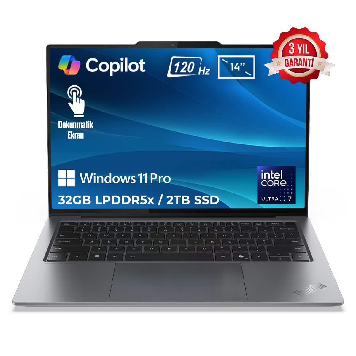 Yüksek çözünürlüklü 14 inç dokunmatik ekranlı HP laptop, Windows 11 Pro, 32GB RAM, 2TB SSD, Intel Core i7 işlemci, 120Hz yenileme hızı, modern tasarım ve 3 yıl garanti.