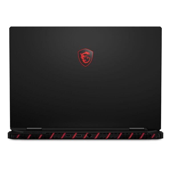 Yüksek performanslı gaming dizüstü bilgisayar, kırmızı detaylar ve MSI logosu ile şık tasarım. Oyun deneyimini artıran güçlü donanım özellikleri ile profesyonel seviyede oyunlar için ideal.