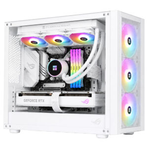 Beyaz renkli bilgisayar kasasında 3 adet ARGB fan ve su soğutucu ile donatılmış yüksek performanslı gaming PC.