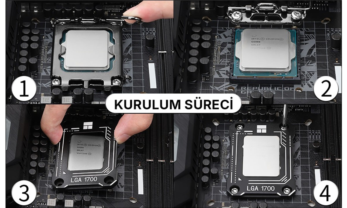 İŞLEMCI SOĞUTUCUSU TAKILABİLİR, İŞLEMCI YERİNE KURU GÜÇ MONTAJI, ANAKARTTA İŞLEMCİ KURULUMU ADIMLARI, Anakarta işlemci montaj süreci ve adım adım kurulumu açıklaması.