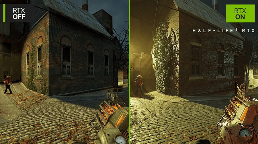 RTXOFF eski şehir dokusu ve gölgelerle detaylı sokak görüntüsü, RTX ON ise Half-Life RTX ile gelişmiş grafikler ve aydınlatma efektleri, oyun performansı artışını vurgular.