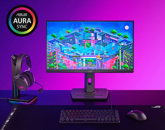 ROG Pelta White Edition Yüksek çözünürlüklü monitör ve oyun donanımları ile renkli gaming masa düzeni, profesyonel e-spor ve bilgisayar oyunu setup'ı, RGB aydınlatmalı oyuncu donanımları, oyun odası dekorasyonu.