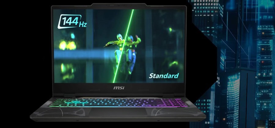 Yüksek yenileme hızına sahip MSI gaming laptopu, hızlı ve akıcı oyun performansı için ideal, RGB klavye ve modern tasarımıyla dikkat çekiyor.