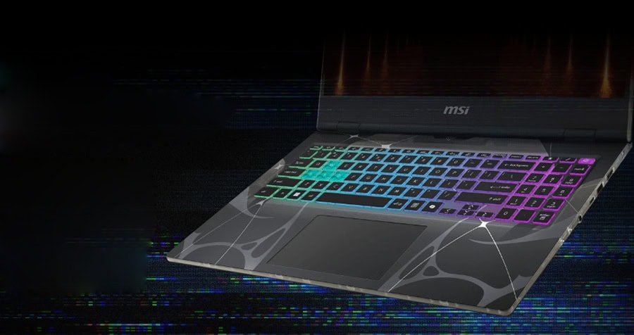 Yırtık dış yüzeyli gaming dizüstü bilgisayar, RGB klavye ve yüksek performanslı tasarım, modern oyuncular için ideal oyun laptopu.