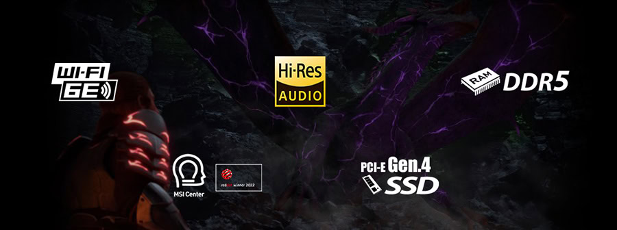 Yüksek performanslı oyun bilgisayarı özellikleri, Wi-Fi 6E, DDR5 RAM, PCIe Gen 4 SSD ve Hi-Res ses teknolojisi ile oyun deneyimini artıran donanımlar.