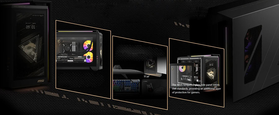 Gelişmiş soğutmalı oyun bilgisayarı ekranı ve iç donanım detayları, yüksek performanslı oyun deneyimi için tasarlanmış, şık ve güçlü PC bileşenleri ve 4mm temperli ekran paneli ile öne çıkıyor.