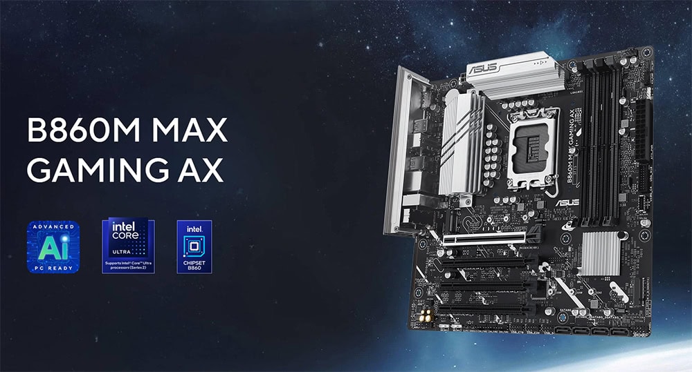 Yonga plakası ve anten ile ASUS B860M Max Gaming AX anakart seti, yüksekPerformanslı oyun ve yoğun işlem gücü için optimize edilmiştir.