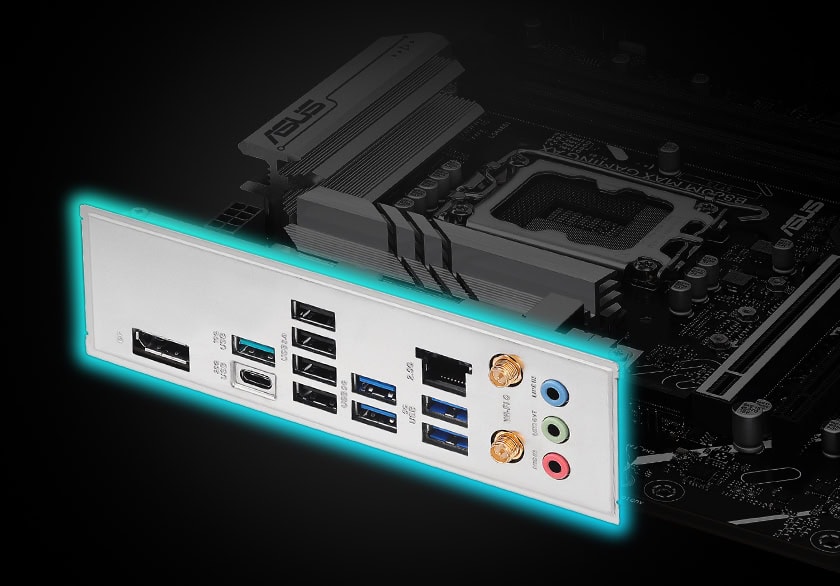 Yonga plakası ve anten ile ASUS B860M Max Gaming AX anakart seti, yüksekPerformanslı oyun ve yoğun işlem gücü için optimize edilmiştir.