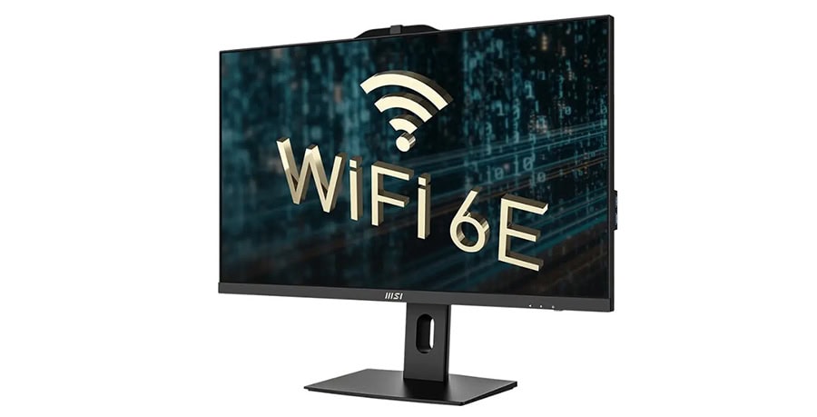Yüksek çözünürlüklü bilgisayar ekranında Wi-Fi 6E teknolojisi simgesi, hızlı ve stabil internet bağlantısı sağlayan yeni nesil kablosuz ağ teknolojisini temsil eder.