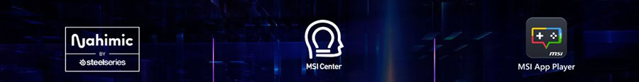 MSI Center, SteelSeries Nahimic ve MSI App Player logosu içeren dijital oyun ve bilgisayar donanımı görseli, yüksek performanslı oyun bilgisayarları ve ses teknolojileri ile ilgili.