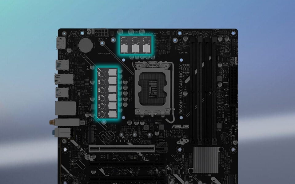Yonga plakası ve anten ile ASUS B860M Max Gaming AX anakart seti, yüksekPerformanslı oyun ve yoğun işlem gücü için optimize edilmiştir.
