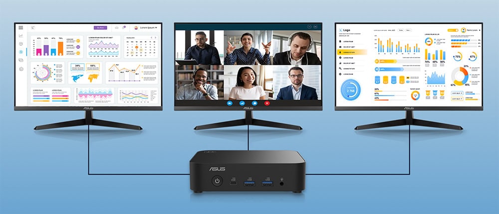 ASUS NUC 14 Essential Çok ekranlı video konferans ve uzaktan toplantı sistemleri, modern iş ortamları için yüksek çözünürlüklü ekranlar ve iletişim teknolojileri.