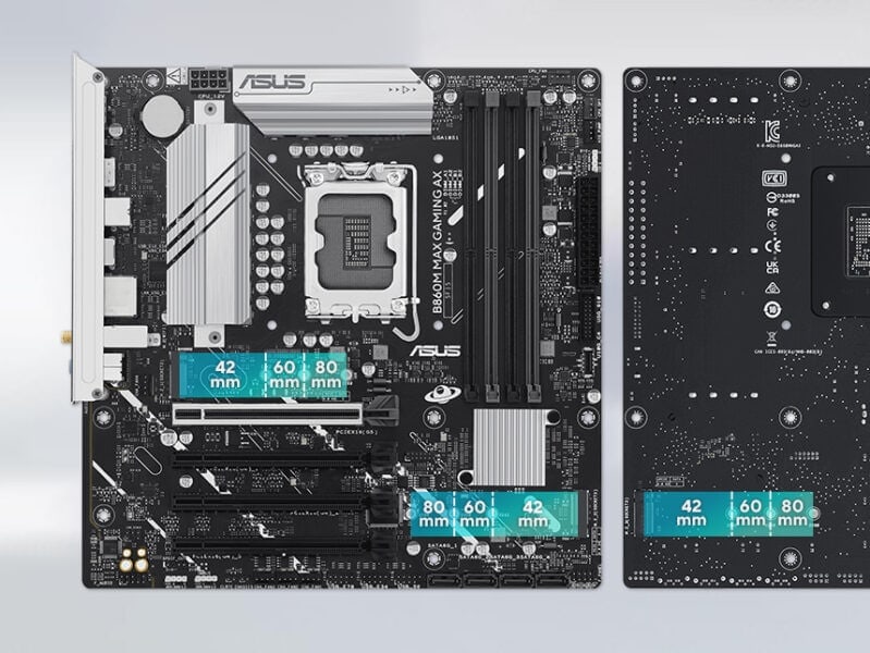 Yonga plakası ve anten ile ASUS B860M Max Gaming AX anakart seti, yüksekPerformanslı oyun ve yoğun işlem gücü için optimize edilmiştir.