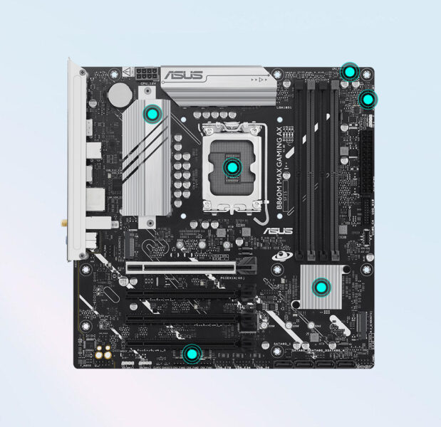 Yonga plakası ve anten ile ASUS B860M Max Gaming AX anakart seti, yüksekPerformanslı oyun ve yoğun işlem gücü için optimize edilmiştir.