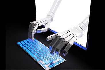 Yapay zeka robot ellerinin bilgisayar klavyesinde yazı yazma ve teknik cihazlar kullanma konsepti, robotik teknoloji ve yapay zeka entegrasyonu, teknolojik gelişmeler ve geleceğin meslekleri, bilgisayar ve robot teknolojileri, modern dijital dünya ve otomasyon sistemleri, görüntüsü.