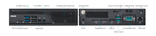 ASUS MiniPC PB63 USB 3.2 Gen2, HDMI ve Ethernet portlarıyla donatılmış yüksek performanslı bilgisayar anakartı.