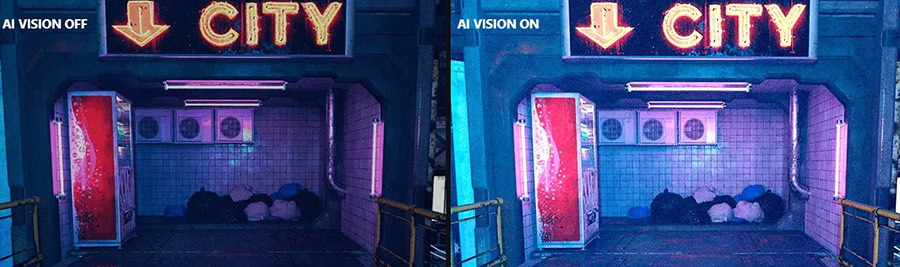 Cebinde neon ışıklı "CITY" yazısı ve mağaza önü, siber şehir temalı neon ışıklandırmalı gece görüntüsü, şehir atmosferi ve teknolojik tasarım, modern ve futuristik oyun teması.