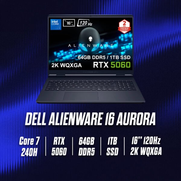 Dell Alienware 16 Aurora gaming dizüstü bilgisayarı, 16 inç 2K WQXGA ekran, RTX 5060 ekran kartı, Core 7-240H işlemci ve 64GB DDR5 RAM ile yüksek performans sunar.