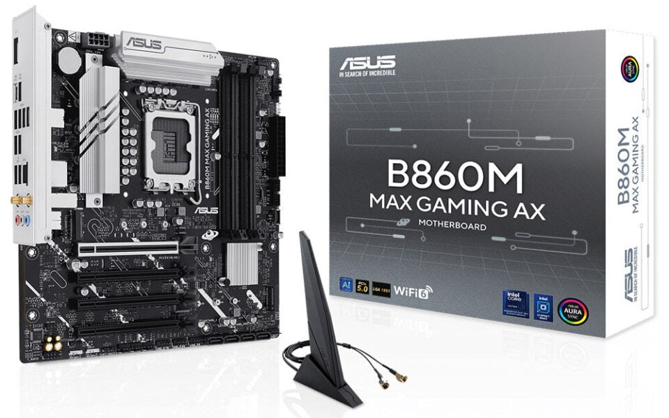 Yonga plakası ve anten ile ASUS B860M Max Gaming AX anakart seti, yüksekPerformanslı oyun ve yoğun işlem gücü için optimize edilmiştir.