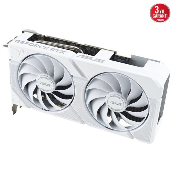 Yüksek performanslı ASUS NVIDIA GeForce RTX ekran kartı, oyun ve grafik tasarım için ideal, beyaz tasarım ve çift fan soğutma özellikleriyle üstün soğutma sağlar.
