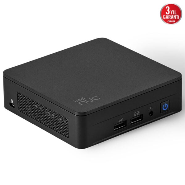 Intel NUC mini bilgisayar, yüksek performanslı ve kompakt oyun ve ofis kullanımı için ideal, USB portları ve güç düğmesi ile şık tasarım.