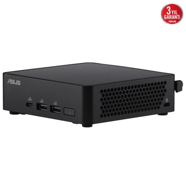 Küçük siyah ASUS mini bilgisayar, çoklu USB portları, hava delikleri ve kullanışlı güç düğmesi ile gaming ve ofis kullanımı için ideal. Compact tasarımıyla yüksek performans sağlar.