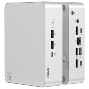 Yüksek çözünürlüklü, çok sayıda USB ve HDMI girişine sahip beyaz ASUS NUC mini PC, gaming ve yüksek performanslı bilgisayar kullanımı için ideal.