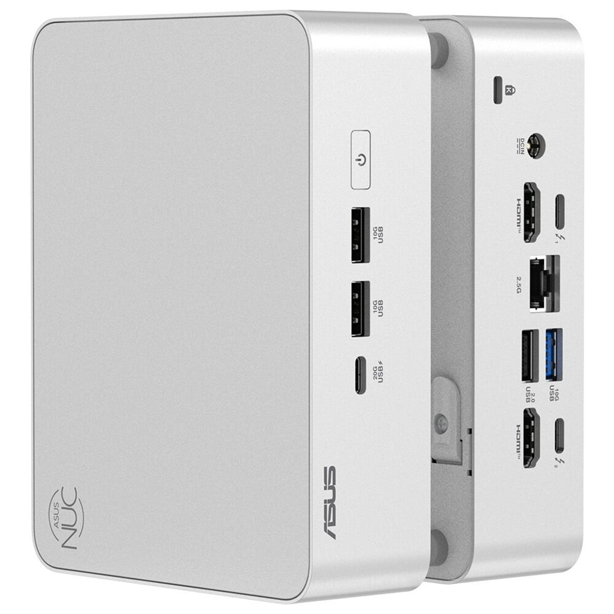 Yüksek çözünürlüklü, çok sayıda USB ve HDMI girişine sahip beyaz ASUS NUC mini PC, gaming ve yüksek performanslı bilgisayar kullanımı için ideal.