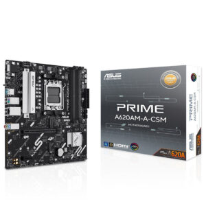 Yüksek çözünürlüklü ASUS Prime A620AM-A-CSM anakart ve kutu görüntüsü, oyuna hazır bilgisayar donanımı ve yüksek performanslı anakartlar hakkında bilgi sağlar, oyuncular ve teknoloji meraklıları için ideal seçim.