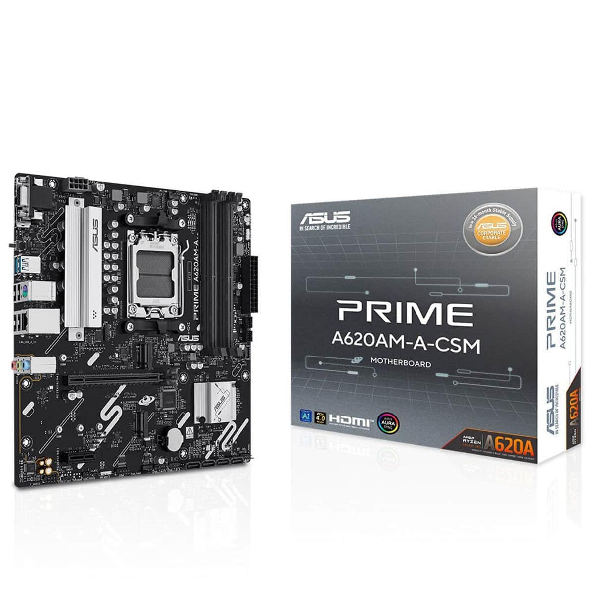 Yüksek çözünürlüklü ASUS Prime A620AM-A-CSM anakart ve kutu görüntüsü, oyuna hazır bilgisayar donanımı ve yüksek performanslı anakartlar hakkında bilgi sağlar, oyuncular ve teknoloji meraklıları için ideal seçim.
