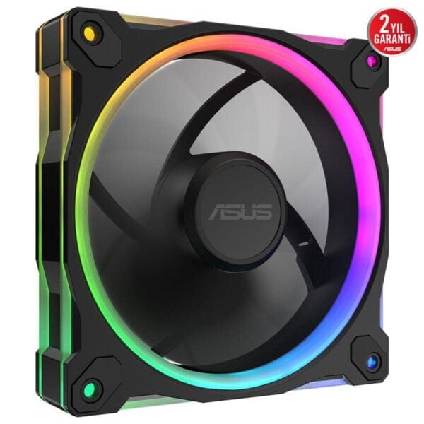 Yüksek performanslı RGB aydınlatmalı bilgisayar kasası fanı, ASUS garantili, oyun ve PC donanımı için ideal, dayanıklı ve sessiz çalışma özellikleriyle oyuncuların tercihi.
