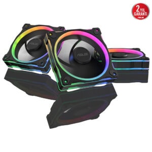 Yüksek performanslı RGB aydınlatmalı bilgisayar soğutucu fanları, gaming ve özelleştirilebilir aydınlatma efektleri ile uzun ömürlü ve sessiz çalışır, ASUS garantili, en iyi oyun deneyimi için ideal.