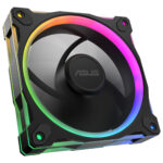 Yüksek performanslı RGB aydınlatmalı ASUS bilgisayar kasası fanı, oyun ve bilgisayar soğutma için ideal, sessiz ve dayanıklı tasarım, yüksek hava akışı ve görsel efektler sağlar.