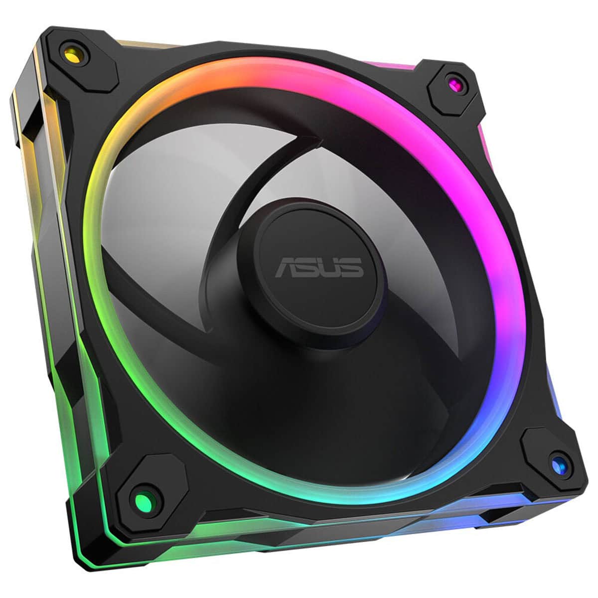 Yüksek performanslı RGB aydınlatmalı ASUS bilgisayar kasası fanı, oyun ve bilgisayar soğutma için ideal, sessiz ve dayanıklı tasarım, yüksek hava akışı ve görsel efektler sağlar.