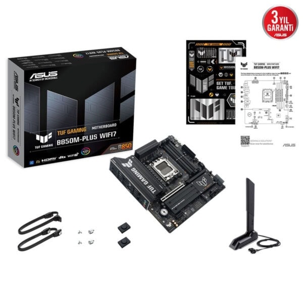 Yüksek kaliteli ASUS TUF Gaming B850M-Plus WiFi anakartı ve anteni, oyun ve performans odaklı, dayanıklı ve güvenilir anakart, detaylı kurulum ve özellikler içerir.