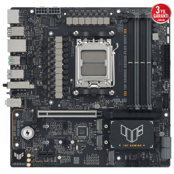 Yüksek performanslı anakart, AMD Ryzen işlemci ve DDR4 RAM desteği ile oyun ve üretim için ideal, ASUS TUF Gaming serisi, dayanıklı ve güvenilir tasarım.