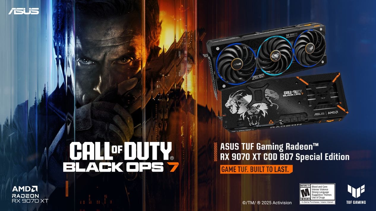 Yüksek performanslı ASUS TUF Gaming Radeon RX 9070 XT ekran kartı ve Call of Duty Black Ops 7 oyunu görseli, yeni nesil oyun donanımı ve grafik teknolojilerini vurgular.