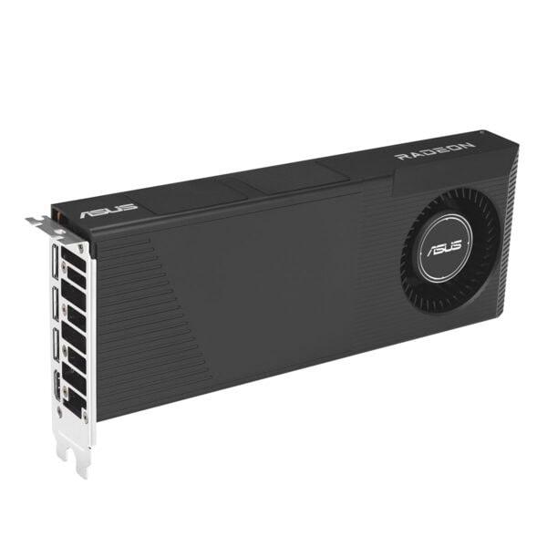 ASUS Turbo Radeon AI Pro R9700 32GB ekran kartı açılı görünüm, HDMI ve DisplayPort çıkışları