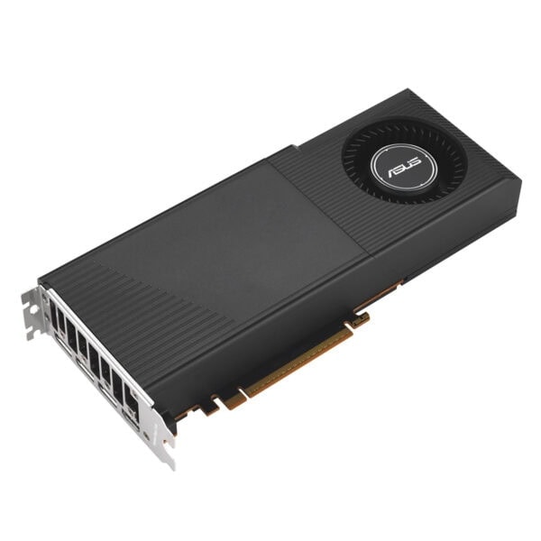 ASUS Turbo Radeon AI Pro R9700 blower fanlı iş istasyonu ekran kartı üstten açılı görünüm
