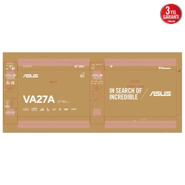 Yüksek çözünürlüklü ASUS VA27A 27 inç Full HD monitör arka ve ön panel tasarımı, ergonomik özellikler ve gelişmiş görüntüleme teknolojileri ile oyun ve profesyonel kullanım için ideal.