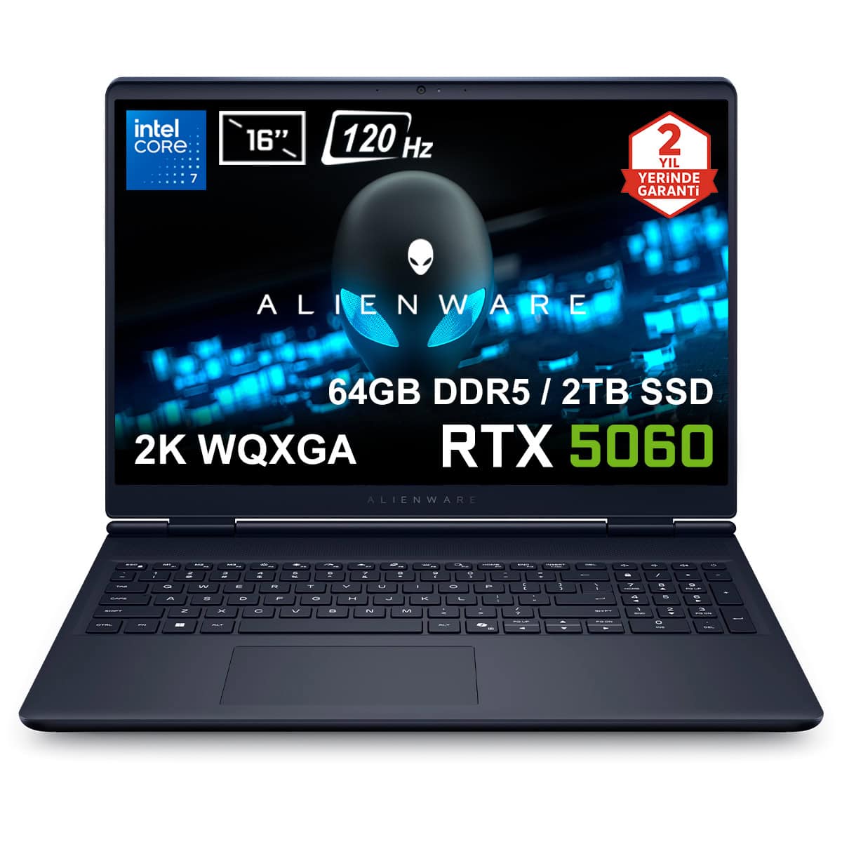 Yüksek performanslı Alienware oyun dizüstü bilgisayarı, Ryzen 7 işlemci, RTX 5060 ekran kartı, 64GB RAM, 2TB SSD ve 16 inç 120Hz ekran özellikleriyle gaming tutkunlarına özel tasarım.