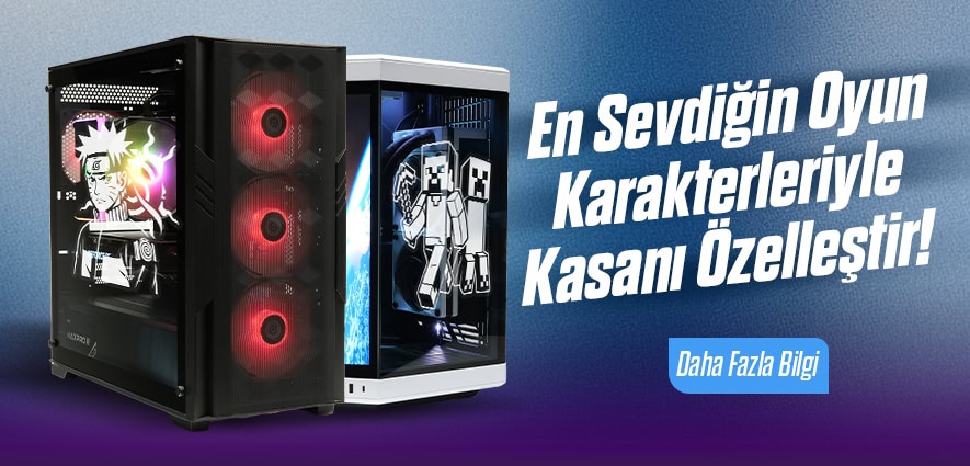 Kasa dekorasyonu için oyun karakterli ışıklandırmalı bilgisayar kasası, özelleştirilebilir oyun bilgisayarı, yüksek performanslı gaming kasası, oyuncu odaklı estetik tasarım, RGB ışıklandırmalı bilgisayar kasası.