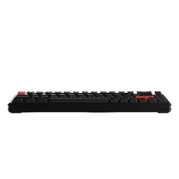 Yüksek performanslı gaming mekanik klavye, siyah ve kırmızı tuşlarıyla, RGB aydınlatma ve dayanıklı yapı özellikleriyle oyun ve ofis kullanımı için ideal.