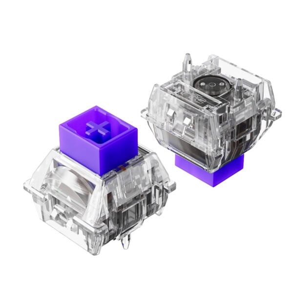 Parmakizi RGB kablosuz mekanik oyun klavyesi için şeffaf ve mor renkli switch anahtarlar, yüksek performans ve dayanıklılık sunar.