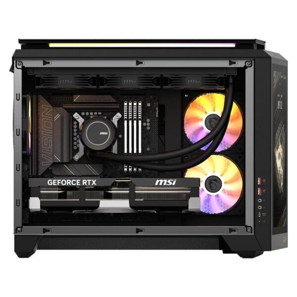Yüksek performanslı gaming bilgisayar iç ekran görüntüsü, RGB aydınlatmalı fanlar ve yeni nesil ekran kartıyla donatılmış, oyun ve yüksek grafik işlemleri için ideal.