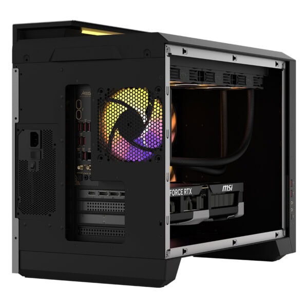 Gamer bilgisayar kasası iç yapısı, yüksek performanslı donanım ve RGB aydınlatmalı fan detaylarıyla kaliteli oyun ekipmanları.