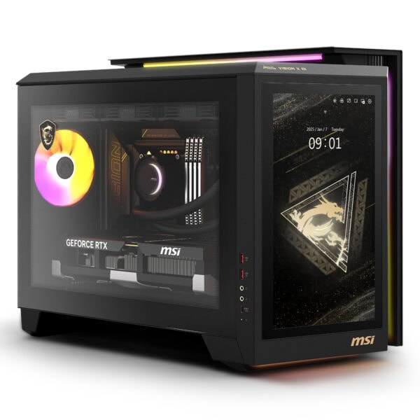 Rgb ışıklı oyun bilgisayarı, MSI ve Nvidia GeForce RTX ekran kartı, yüksek performanslı oyun ve grafik işlemleri için tasarlanmış güçlü masaüstü bilgisayar, şeffaf panel ve modern tasarım.